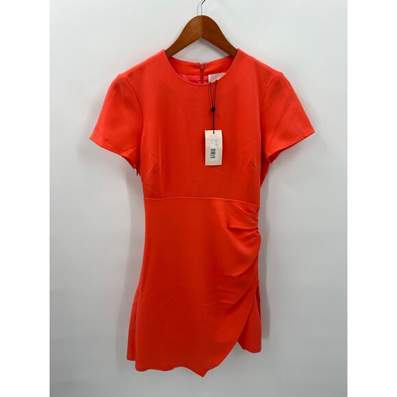 CINQ A SEPT NWT Imogen Short Sleeve Crepe Side Ruched Dress in Hot Coral //  2 - Picture 4 of 13